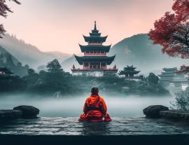 Lais Puzzle - Ein meditierender Mönch vor einem chinesischen Tempel, im Hintergrund neblige Berge - 1.000 Teile