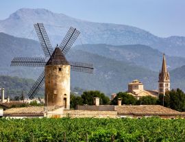 Lais Puzzle - Windmühle und Kirche, Weinberge, Binissalem, Serra de Tramuntana, Mallorca - 1.000 Teile